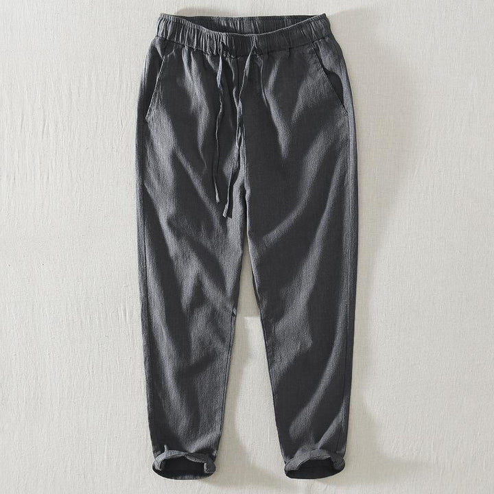 Pantalones casuales de verano Buddha Stones de lino y ramio con cordón y bolsillos para hombre