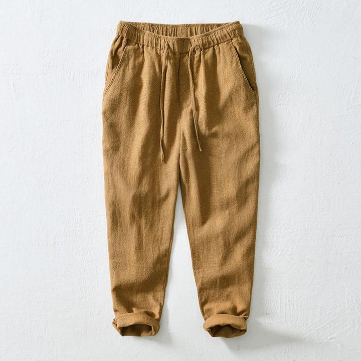 Pantalones casuales de verano Buddha Stones de lino y ramio con cordón y bolsillos para hombre