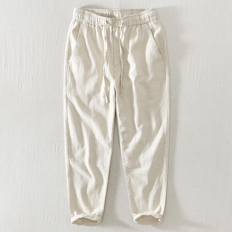 Pantalones casuales de verano Buddha Stones de lino y ramio con cordón y bolsillos para hombre