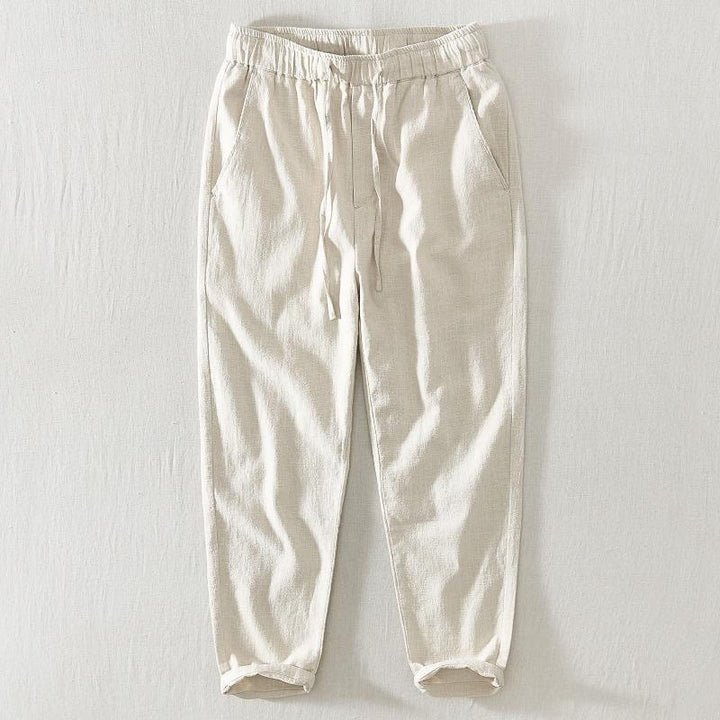 Pantalones casuales de verano Buddha Stones de lino y ramio con cordón y bolsillos para hombre