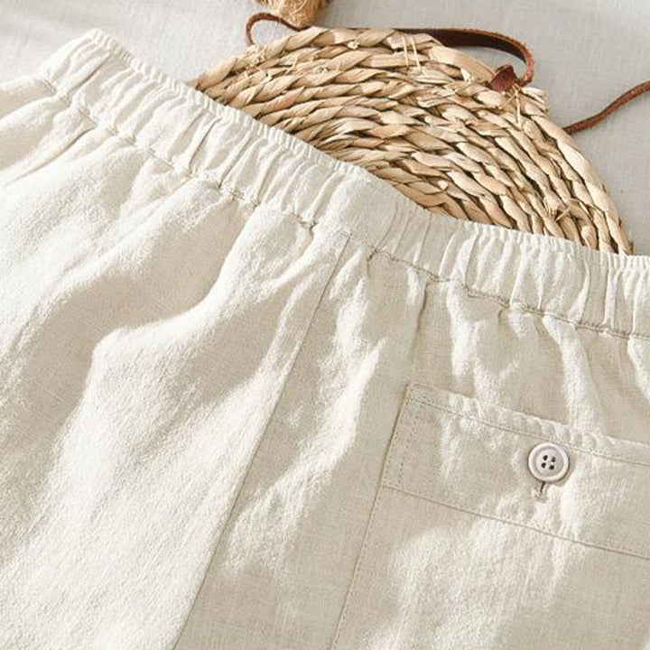 Pantalones casuales de verano Buddha Stones de lino y ramio con cordón y bolsillos para hombre