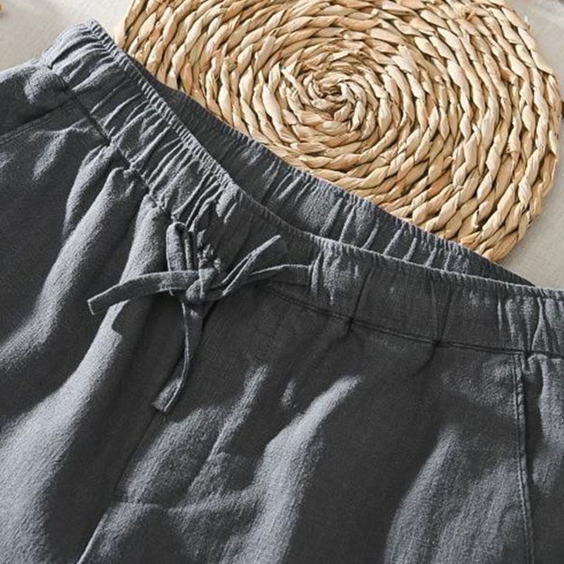 Pantalones casuales de verano Buddha Stones de lino y ramio con cordón y bolsillos para hombre - image 1
