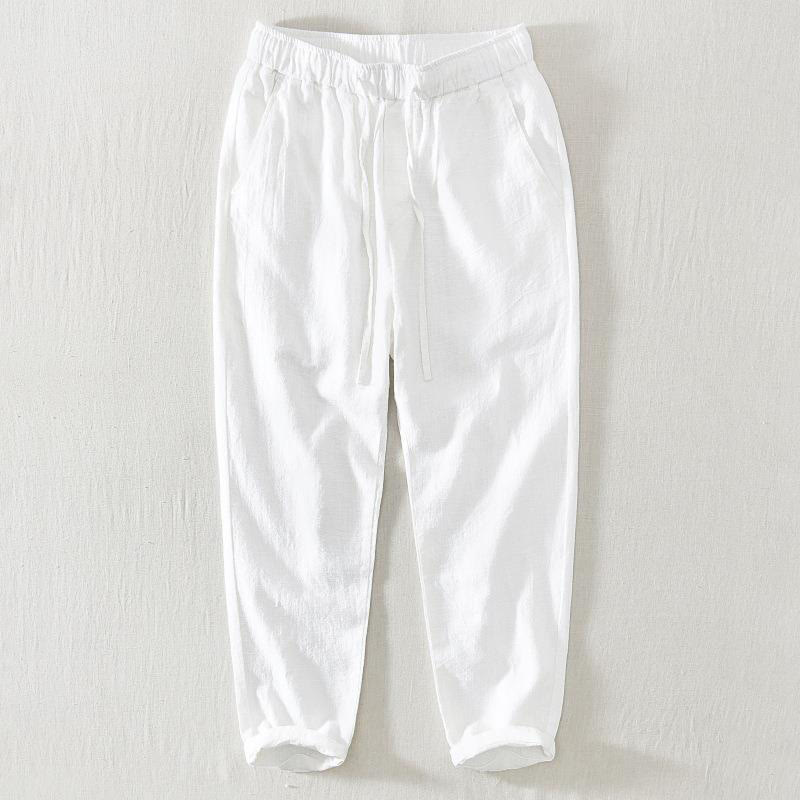 Pantalones casuales de verano Buddha Stones de lino y ramio con cordón y bolsillos para hombre