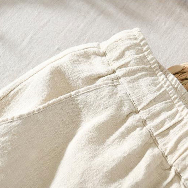 Pantalones casuales de verano Buddha Stones de lino y ramio con cordón y bolsillos para hombre