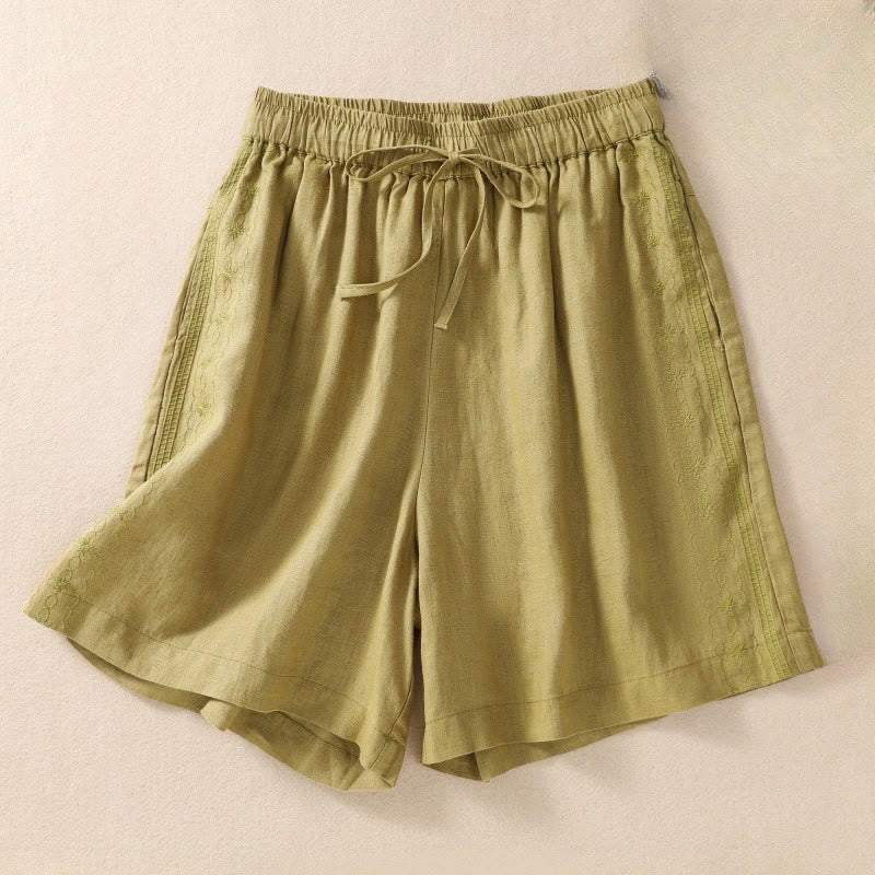 Pantalones cortos de lino y algodón con cordón ajustable y estampado floral con Buddha Stones para mujer, con bolsillos - Verde amarillento - US8-10，UK/AU12-14，EU40-42 (2XL) - image 15