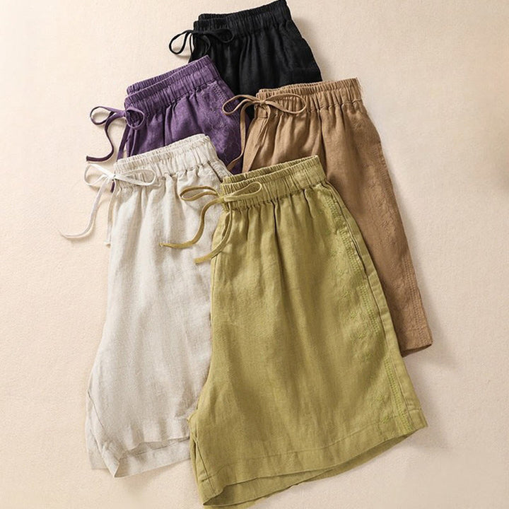 Pantalones cortos de lino y algodón con cordón ajustable y estampado floral con Buddha Stones para mujer, con bolsillos - image 21