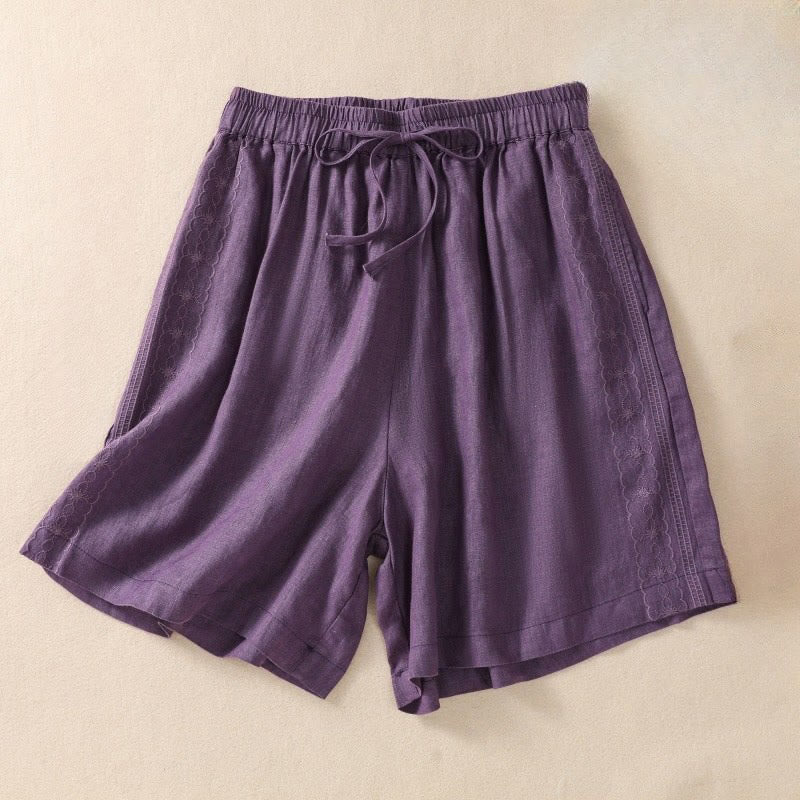 Pantalones cortos de lino y algodón con cordón ajustable y estampado floral con Buddha Stones para mujer, con bolsillos - Magenta oscuro - US8-10，UK/AU12-14，EU40-42 (2XL) - image 0