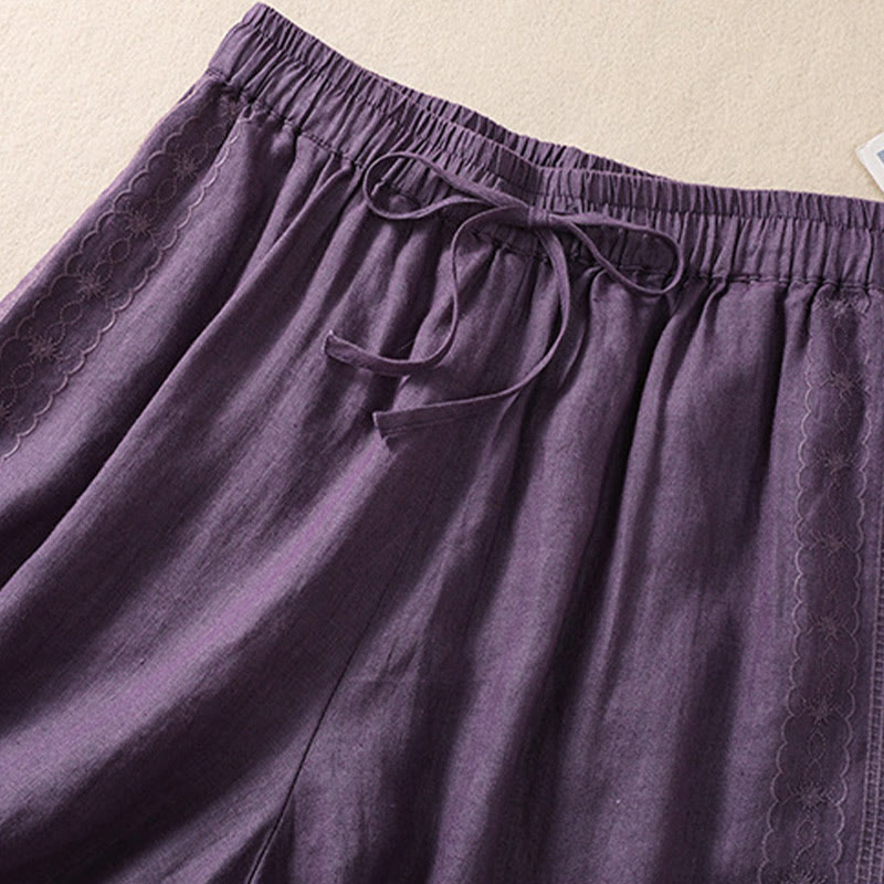 Pantalones cortos de lino y algodón con cordón ajustable y estampado floral con Buddha Stones para mujer, con bolsillos - image 2