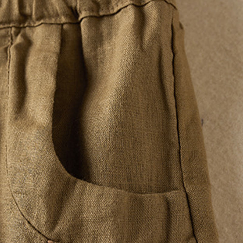 Pantalones cortos de lino y algodón con cordón bordado, diseño simple y salvaje de Buddha Stones, para mujer, con bolsillos