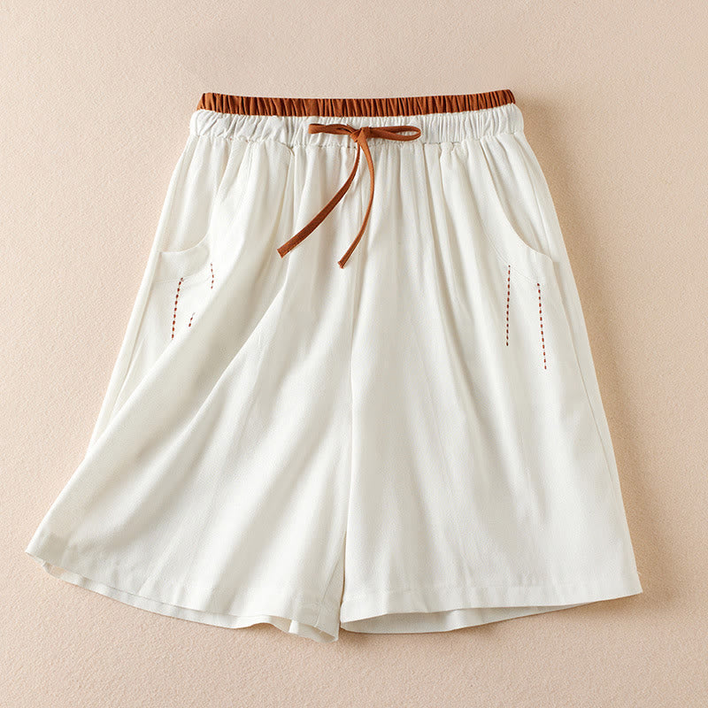 Pantalones cortos de lino y algodón con cordón bordado, diseño simple y salvaje de Buddha Stones, para mujer, con bolsillos