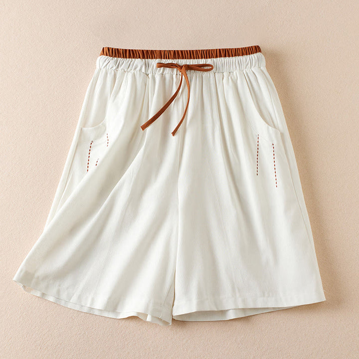 Pantalones cortos de lino y algodón con cordón bordado, diseño simple y salvaje de Buddha Stones, para mujer, con bolsillos