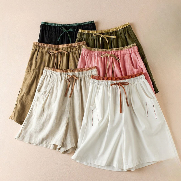 Pantalones cortos de lino y algodón con cordón bordado, diseño simple y salvaje de Buddha Stones, para mujer, con bolsillos