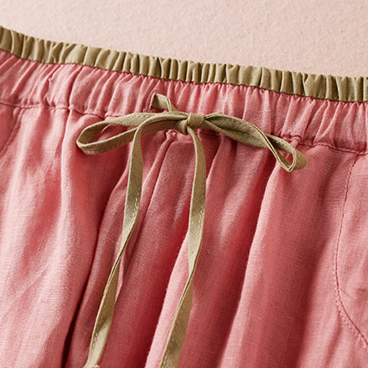 Pantalones cortos de lino y algodón con cordón bordado, diseño simple y salvaje de Buddha Stones, para mujer, con bolsillos