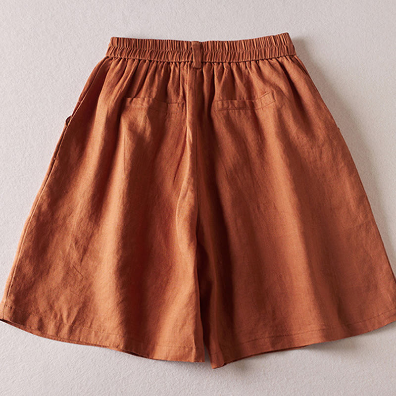 Pantalones cortos de lino y algodón con diseño arrugado sencillo de verano para mujer con bolsillos y Buddha Stones
