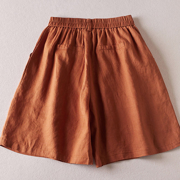 Pantalones cortos de lino y algodón con diseño arrugado sencillo de verano para mujer con bolsillos y Buddha Stones