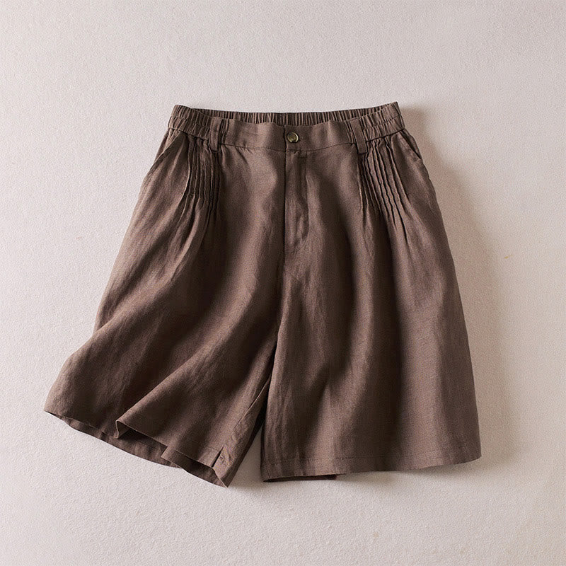 Pantalones cortos de lino y algodón con diseño arrugado sencillo de verano para mujer con bolsillos y Buddha Stones - Marrón silla de montar - US8-10，UK/AU12-14，EU40-42 (2XL) - image 21