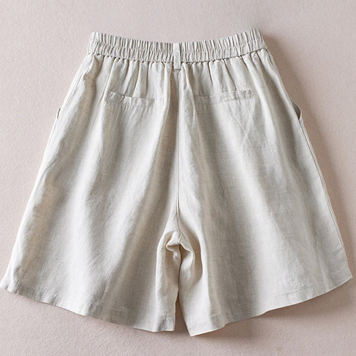 Pantalones cortos de lino y algodón con diseño arrugado sencillo de verano para mujer con bolsillos y Buddha Stones