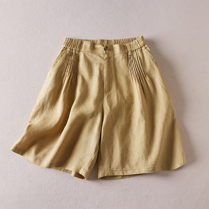 Pantalones cortos de lino y algodón con diseño arrugado sencillo de verano para mujer con bolsillos y Buddha Stones