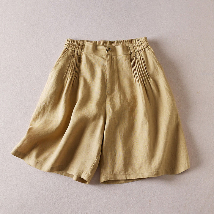 Pantalones cortos de lino y algodón con diseño arrugado sencillo de verano para mujer con bolsillos y Buddha Stones