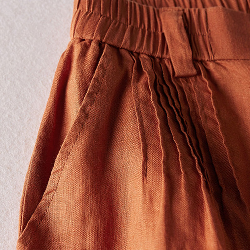 Pantalones cortos de lino y algodón con diseño arrugado sencillo de verano para mujer con bolsillos y Buddha Stones