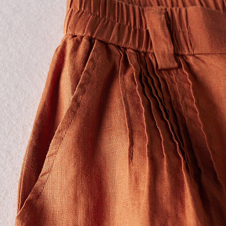 Pantalones cortos de lino y algodón con diseño arrugado sencillo de verano para mujer con bolsillos y Buddha Stones