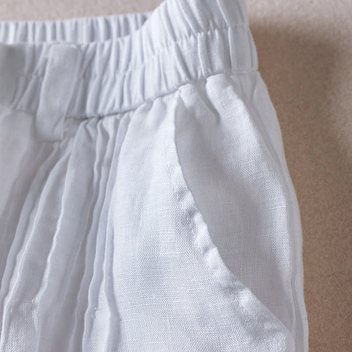 Pantalones cortos de lino y algodón con diseño arrugado sencillo de verano para mujer con bolsillos y Buddha Stones