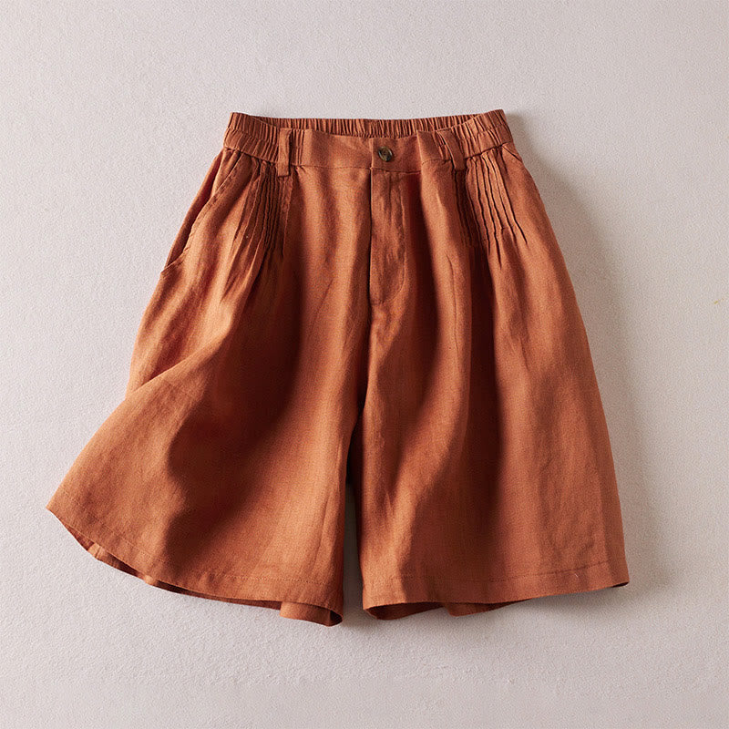 Pantalones cortos de lino y algodón con diseño arrugado sencillo de verano para mujer con bolsillos y Buddha Stones - Chocolate - US8-10，UK/AU12-14，EU40-42 (2XL) - image 0