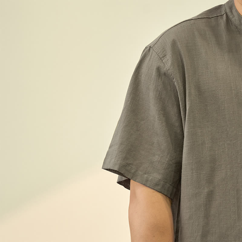 Camisa de lino y algodón de manga corta con botones y color liso de verano para hombre de Buddha Stones - image 2