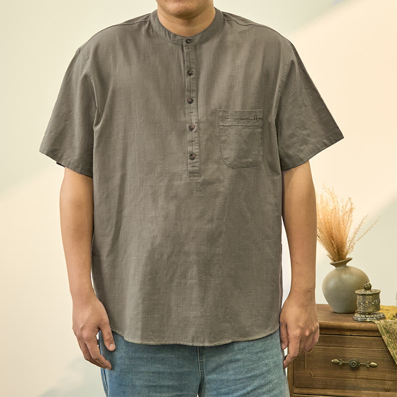 Camisa de lino y algodón de manga corta con botones y color liso de verano para hombre de Buddha Stones - Verde mar oscuro - US/UK/AU40, EU50 (2XL) - image 1