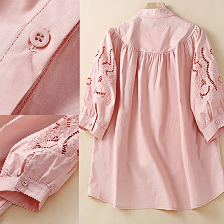 Camisa de Buddha Stones y algodón para mujer, informal, con bordado de flores y agujeros, de manga tres cuartos - image 5