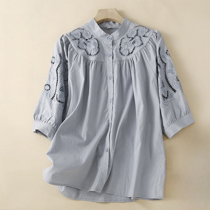 Camisa de Buddha Stones y algodón para mujer, informal, con bordado de flores y agujeros, de manga tres cuartos - Azul acero claro - US12, UK/AU16, EU44 (3XL) - image 8