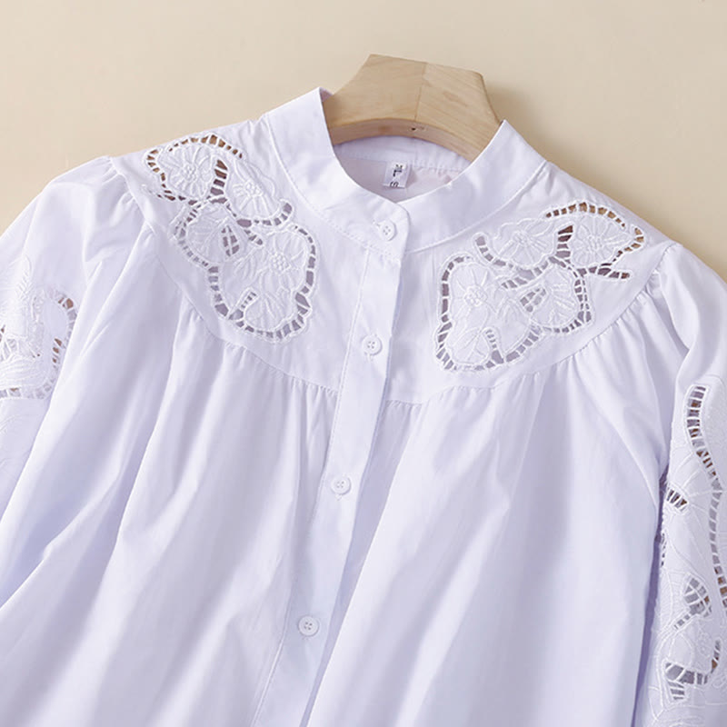 Camisa de Buddha Stones y algodón para mujer, informal, con bordado de flores y agujeros, de manga tres cuartos - image 13