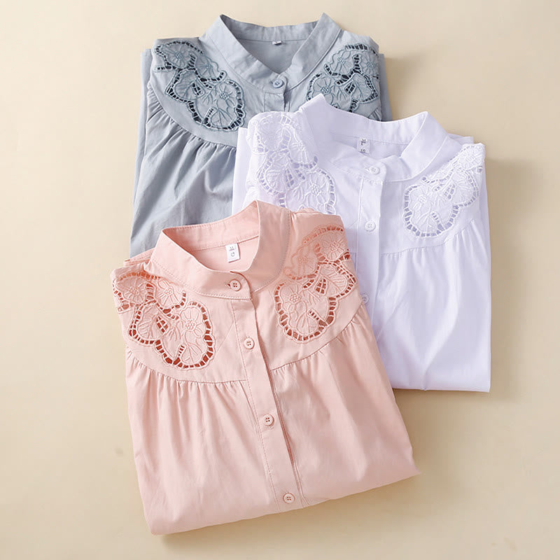 Camisa de Buddha Stones y algodón para mujer, informal, con bordado de flores y agujeros, de manga tres cuartos - image 17