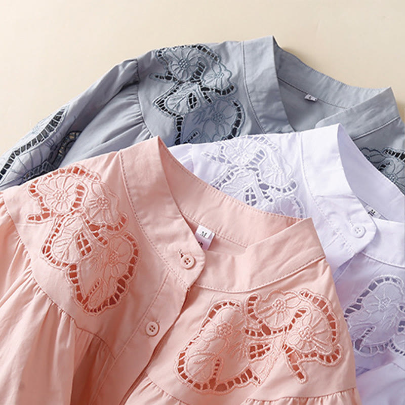 Camisa de Buddha Stones y algodón para mujer, informal, con bordado de flores y agujeros, de manga tres cuartos - image 18