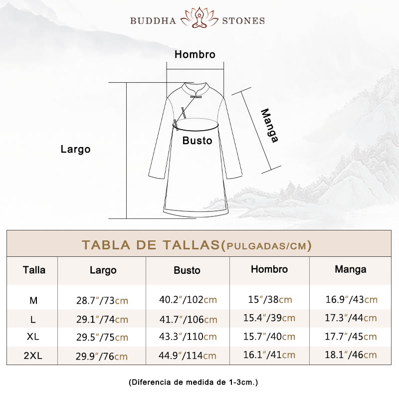 Camisa de lino y algodón de doble capa con manga tres cuartos y botones de rana de color liso con Buddha Stones - image 5