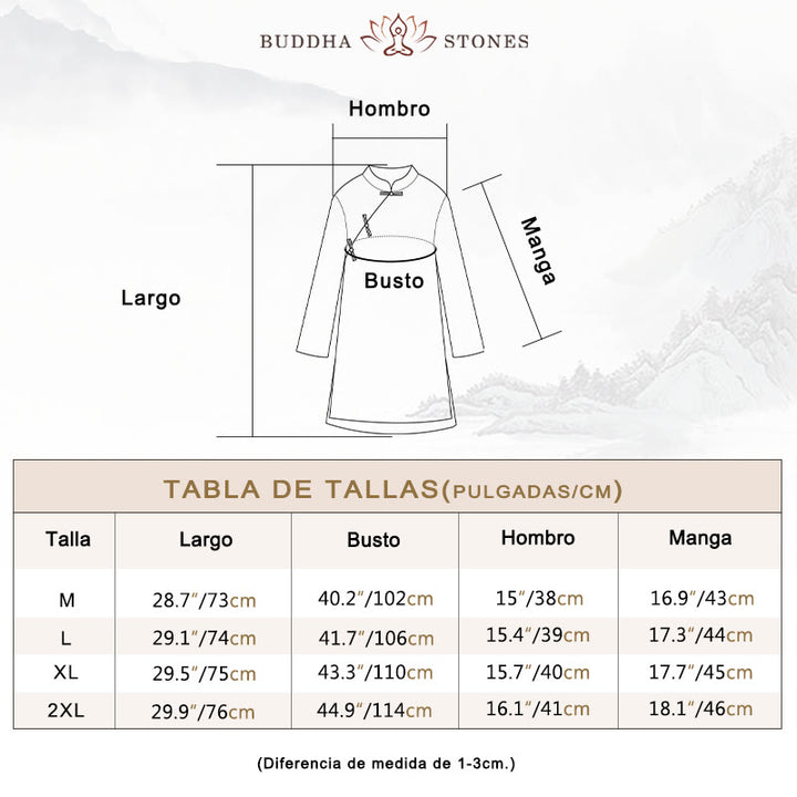 Camisa de lino y algodón de doble capa con manga tres cuartos y botones de rana de color liso con Buddha Stones - image 5