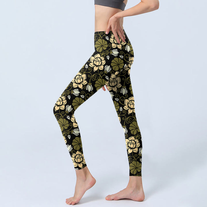 Leggings de yoga para mujer con estampado de Buddha Stones , flores amarillas y hojas verdes - image 2