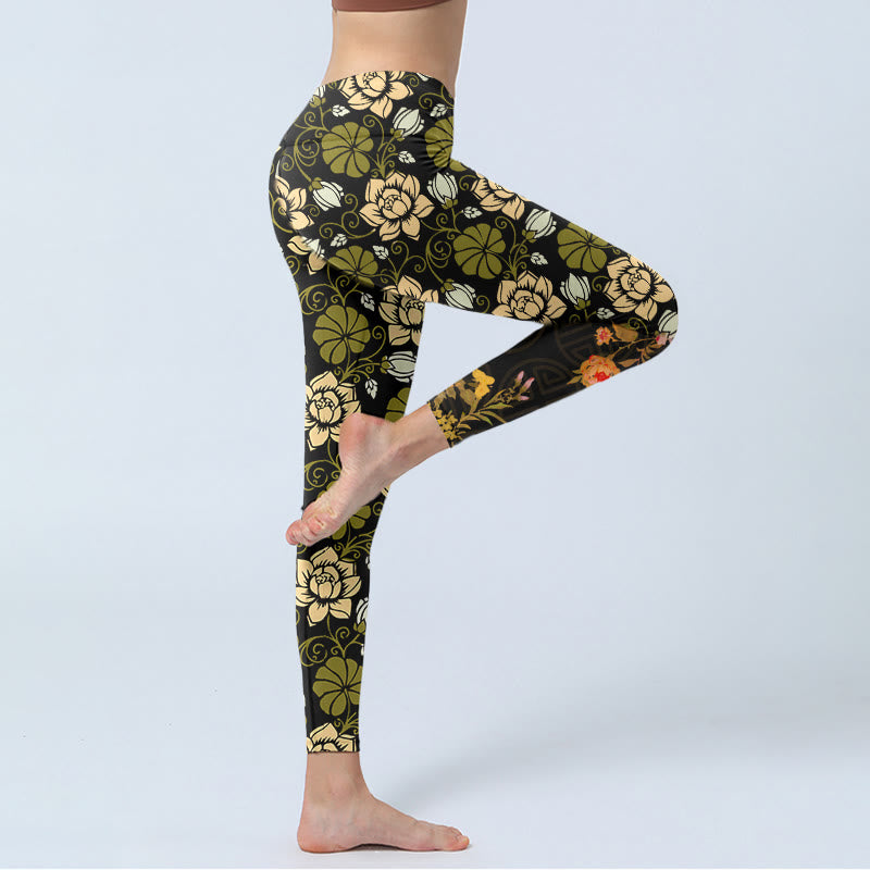 Leggings de yoga para mujer con estampado de Buddha Stones , flores amarillas y hojas verdes - image 3