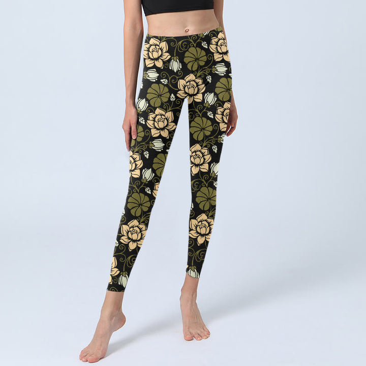 Leggings de yoga para mujer con estampado de Buddha Stones , flores amarillas y hojas verdes - image 5