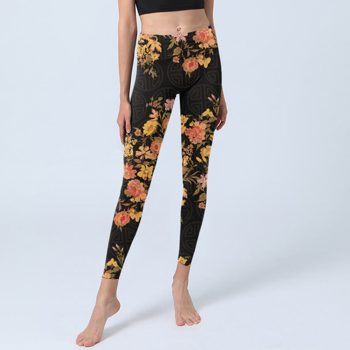 Leggings de yoga para mujer con estampado de Buddha Stones, flores amarillas, rosas y hojas verdes. - image 5