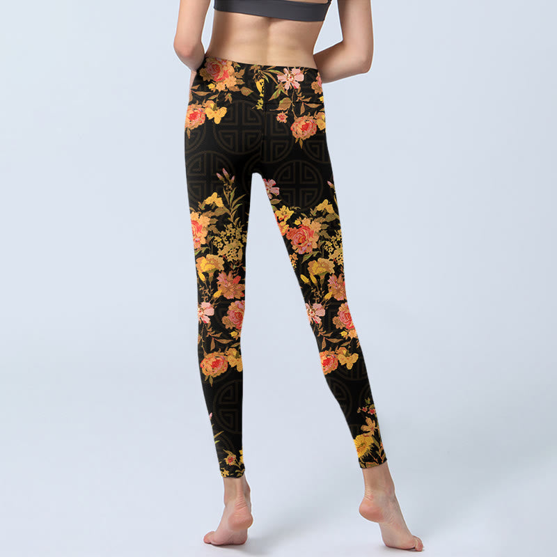 Leggings de yoga para mujer con estampado de Buddha Stones, flores amarillas, rosas y hojas verdes. - image 6