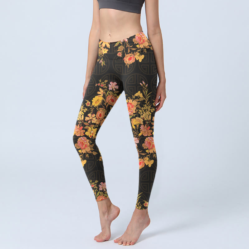 Leggings de yoga para mujer con estampado de Buddha Stones, flores amarillas, rosas y hojas verdes. - Negro - US18，UK/AU22，EU50 (4XL) - image 1