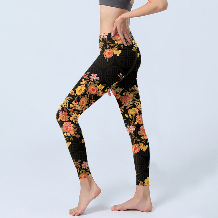 Leggings de yoga para mujer con estampado de Buddha Stones, flores amarillas, rosas y hojas verdes. - image 2