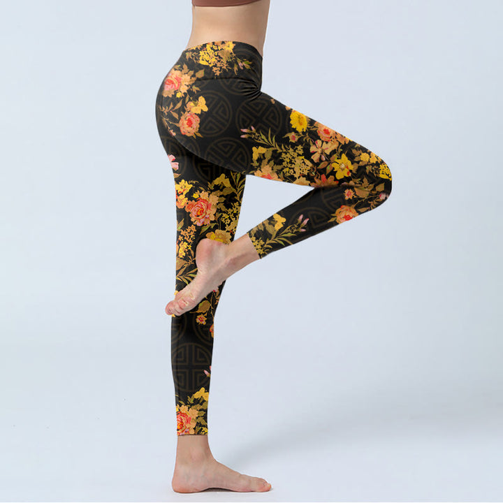 Leggings de yoga para mujer con estampado de Buddha Stones, flores amarillas, rosas y hojas verdes. - image 3
