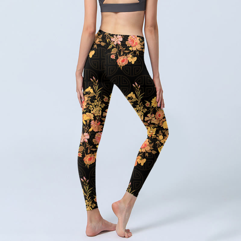 Leggings de yoga para mujer con estampado de Buddha Stones, flores amarillas, rosas y hojas verdes. - image 4