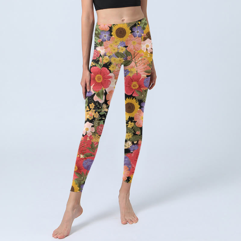 Leggings deportivos de fitness con estampado de girasoles , Buddha Stones y flores rosas y moradas para mujer. - image 6
