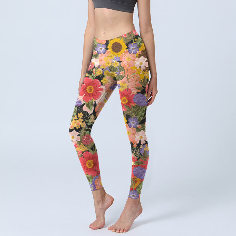 Leggings deportivos de fitness con estampado de girasoles , Buddha Stones y flores rosas y moradas para mujer. - Negro - US18，UK/AU22，EU50 (4XL) - image 1