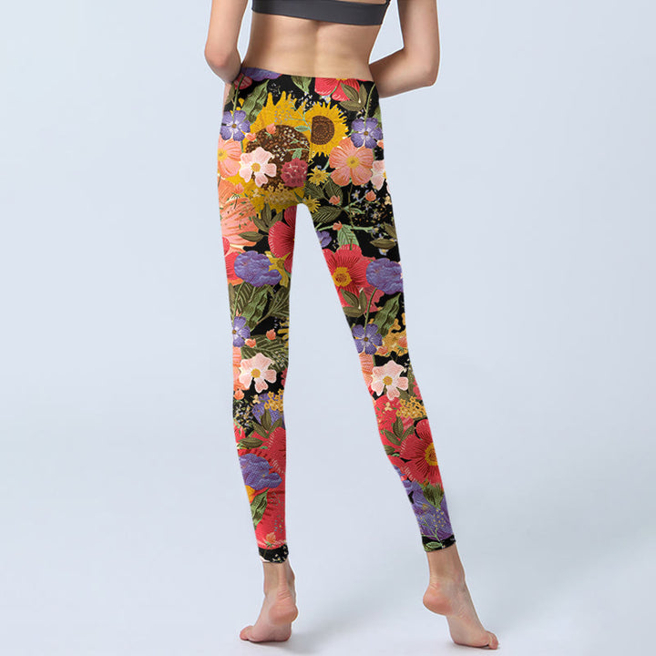 Leggings deportivos de fitness con estampado de girasoles , Buddha Stones y flores rosas y moradas para mujer. - image 7