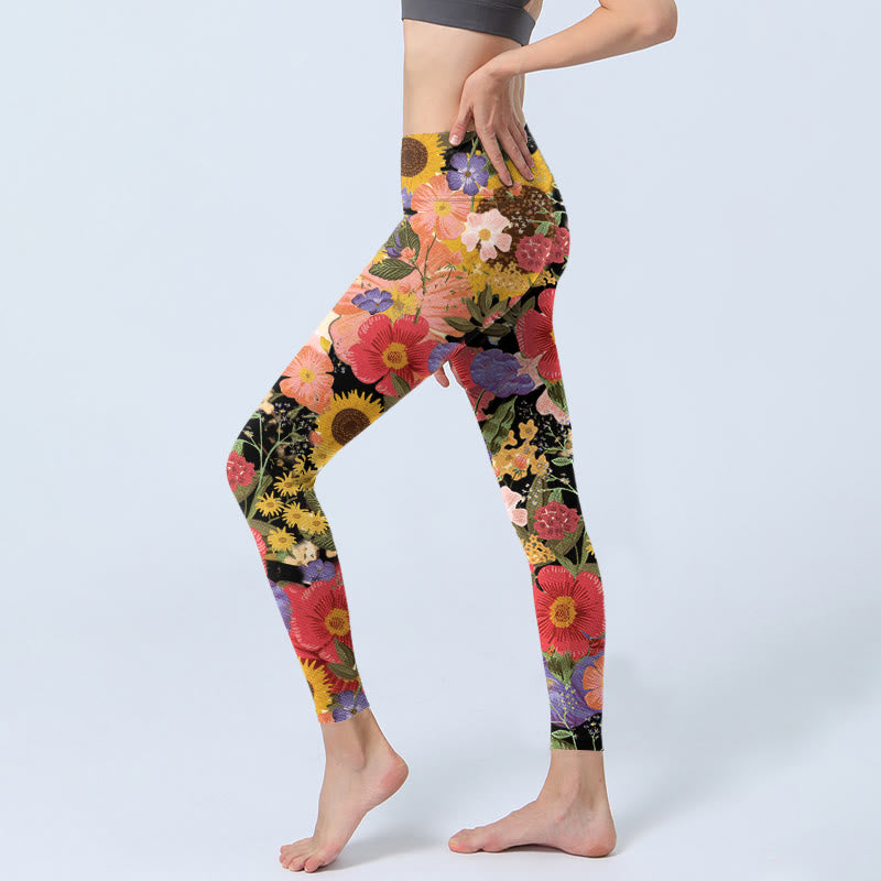 Leggings deportivos de fitness con estampado de girasoles , Buddha Stones y flores rosas y moradas para mujer. - image 2