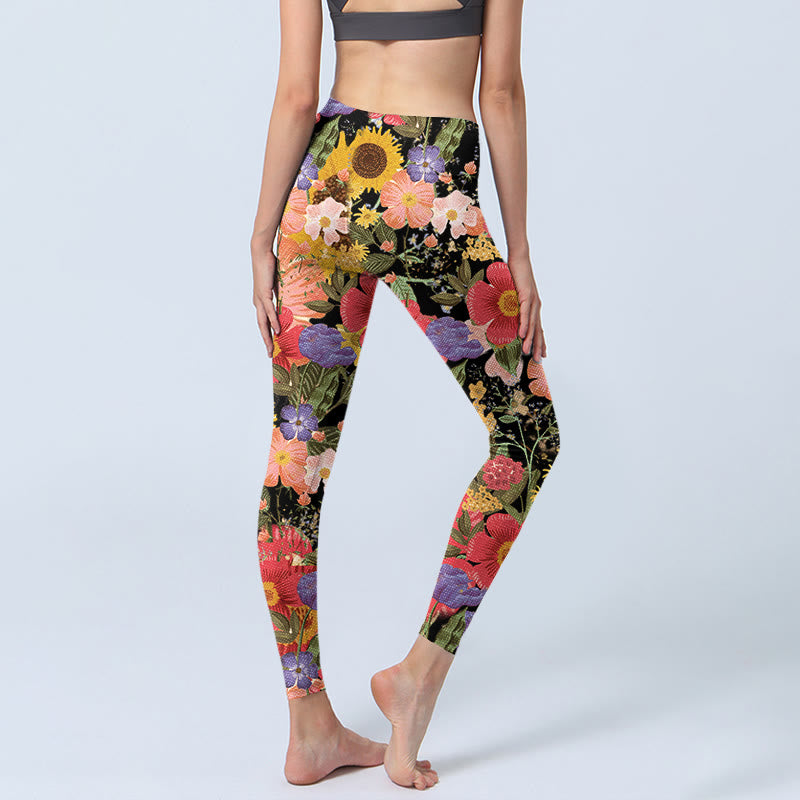 Leggings deportivos de fitness con estampado de girasoles , Buddha Stones y flores rosas y moradas para mujer. - image 5